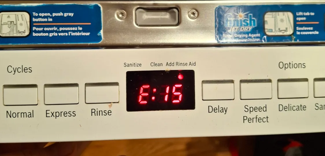 Bosch dishwasher control panel showing error E:15