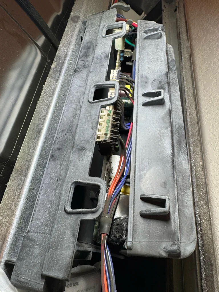 Control board and wiring inside the console of an Electrolux dryer