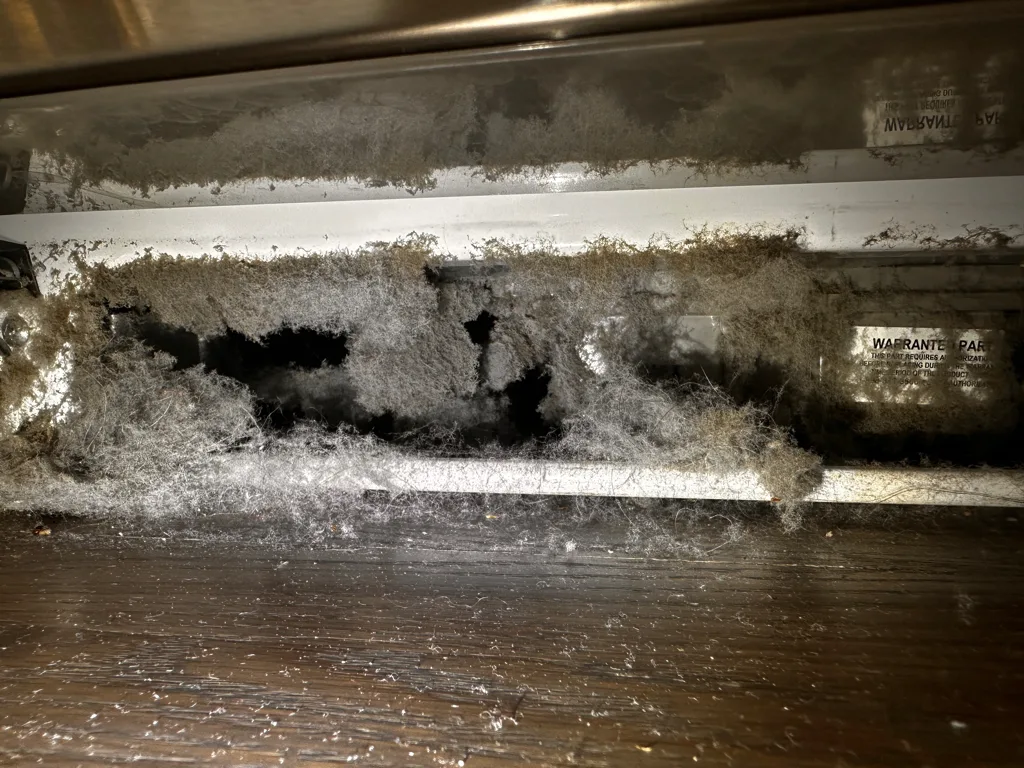 Frost and debris built up inside an Electrolux refrigerator