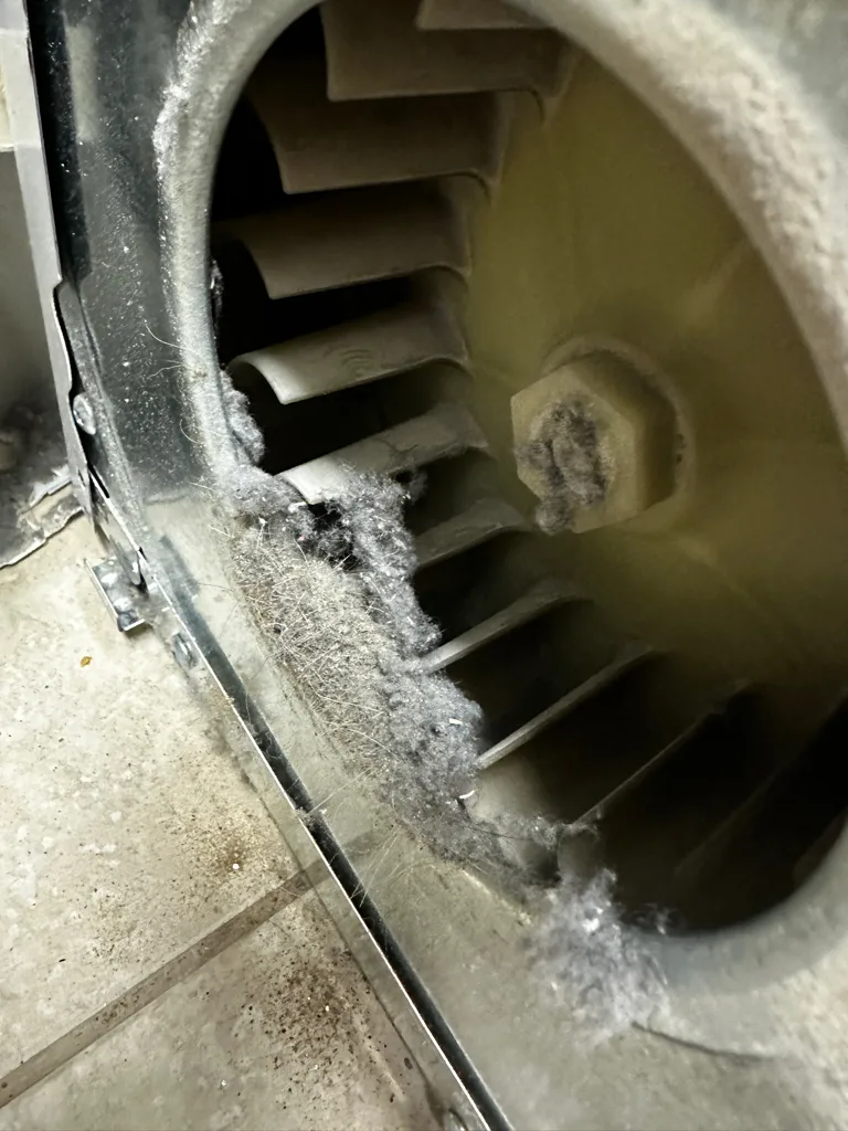 Lint on the blower wheel of a GE dryer