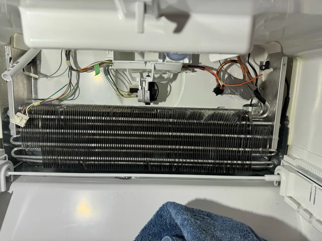 Evaporator of a JennAir French door refrigerator during a forced defrost