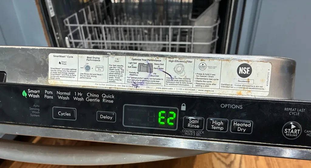 Kenmore dishwasher control panel showing E2