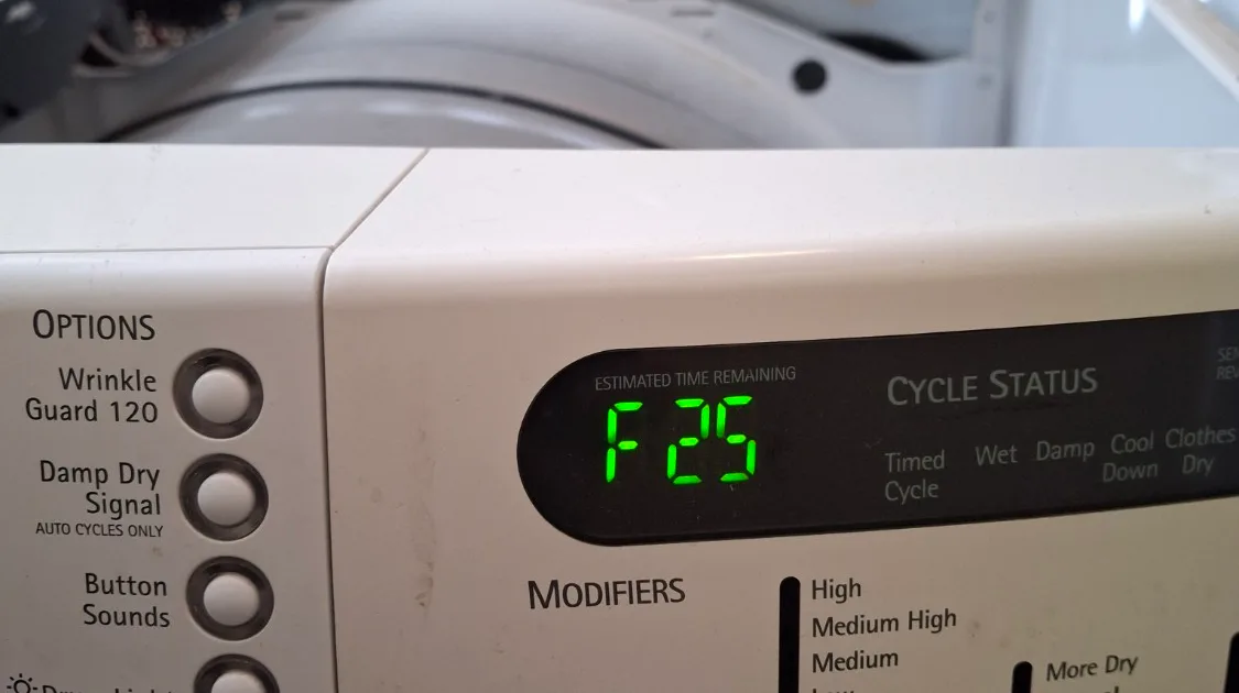 Kenmore front-load dryer display showing F25