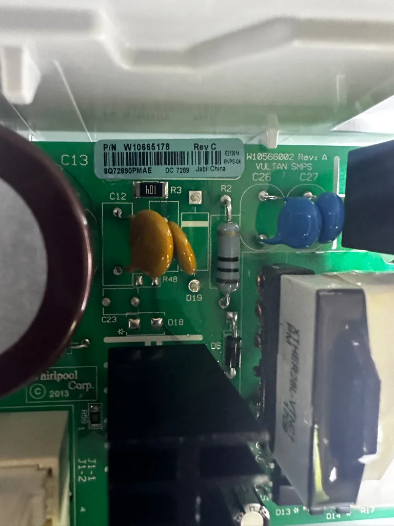 Control board inside a KitchenAid refrigerator