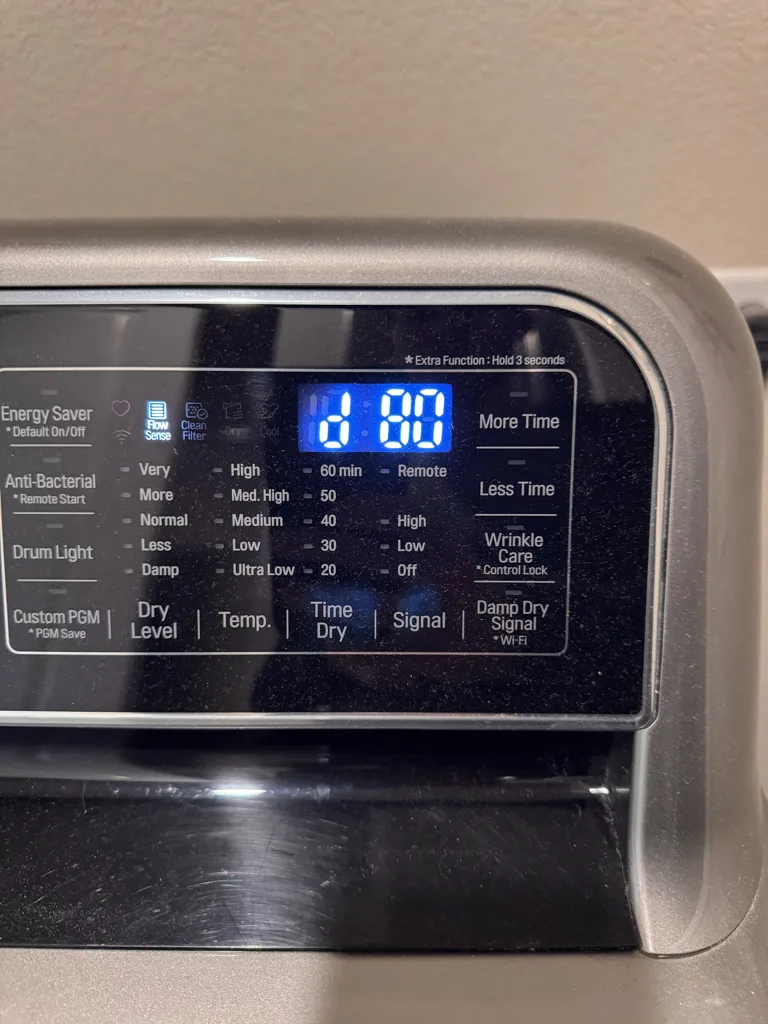 LG dryer control panel showing the d80 Flow Sense code