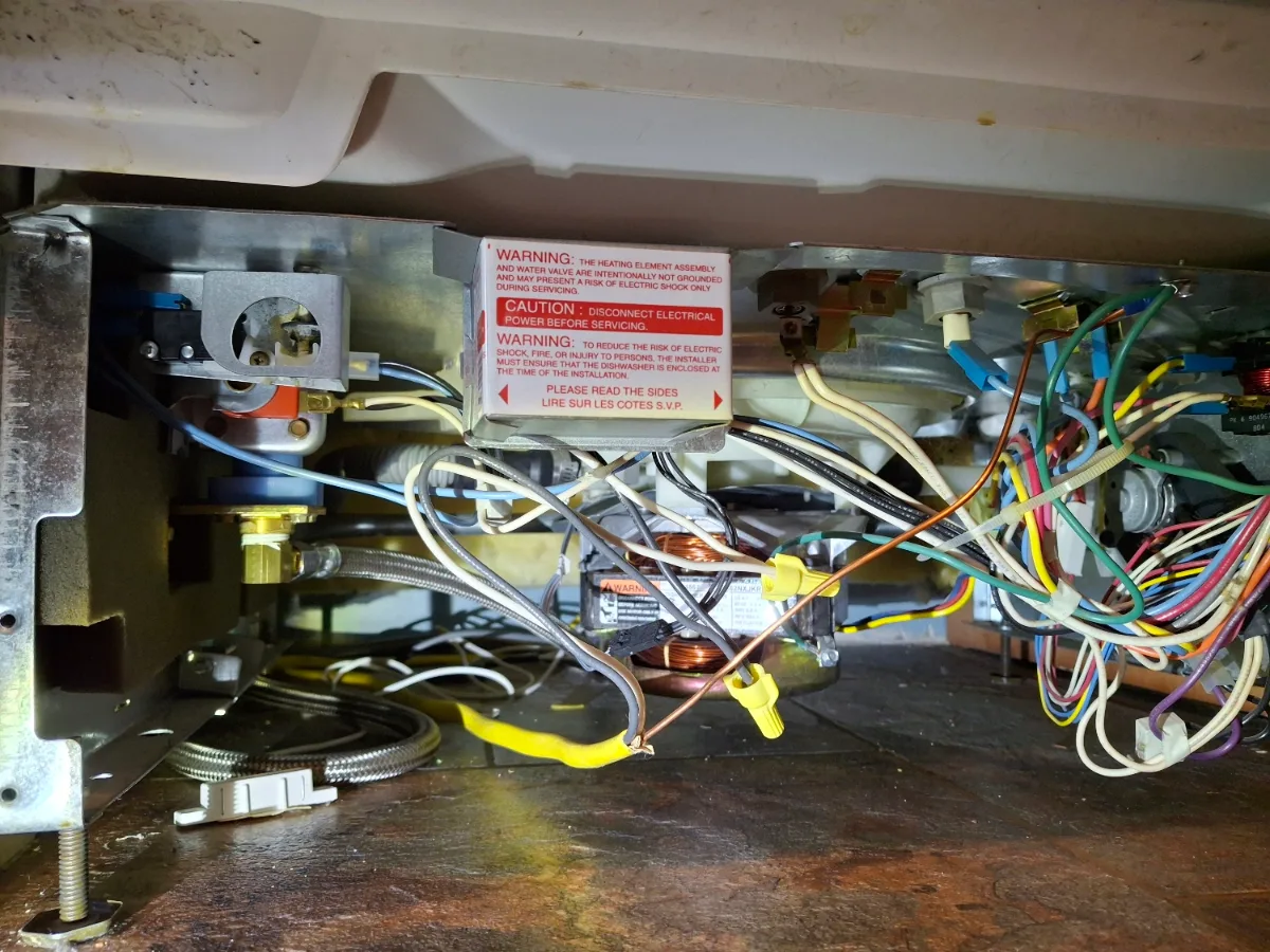 Control wiring under the console of a Maytag dishwasher