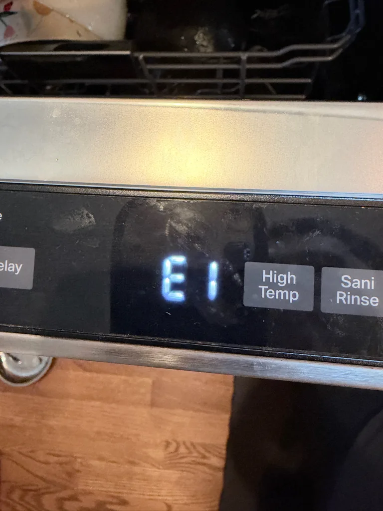 Maytag dishwasher display showing E1