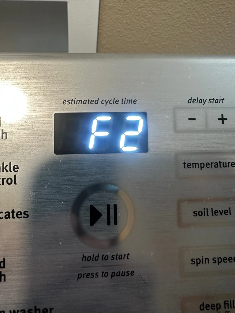 Maytag washer display showing an F2 error code
