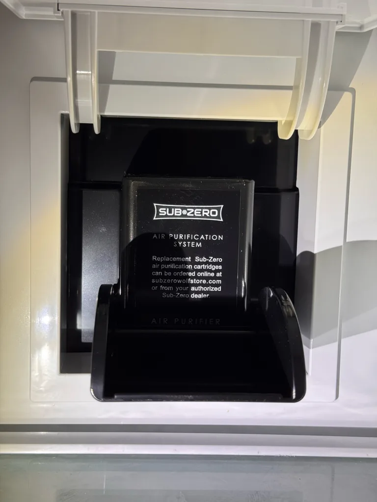 Air purification cartridge in a Sub-Zero built-in refrigerator