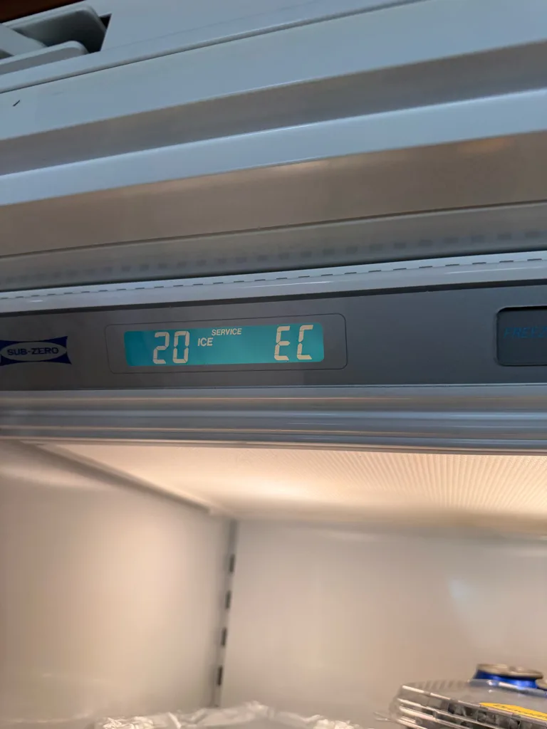 Sub-Zero freezer display reading 20 degrees with an EC code