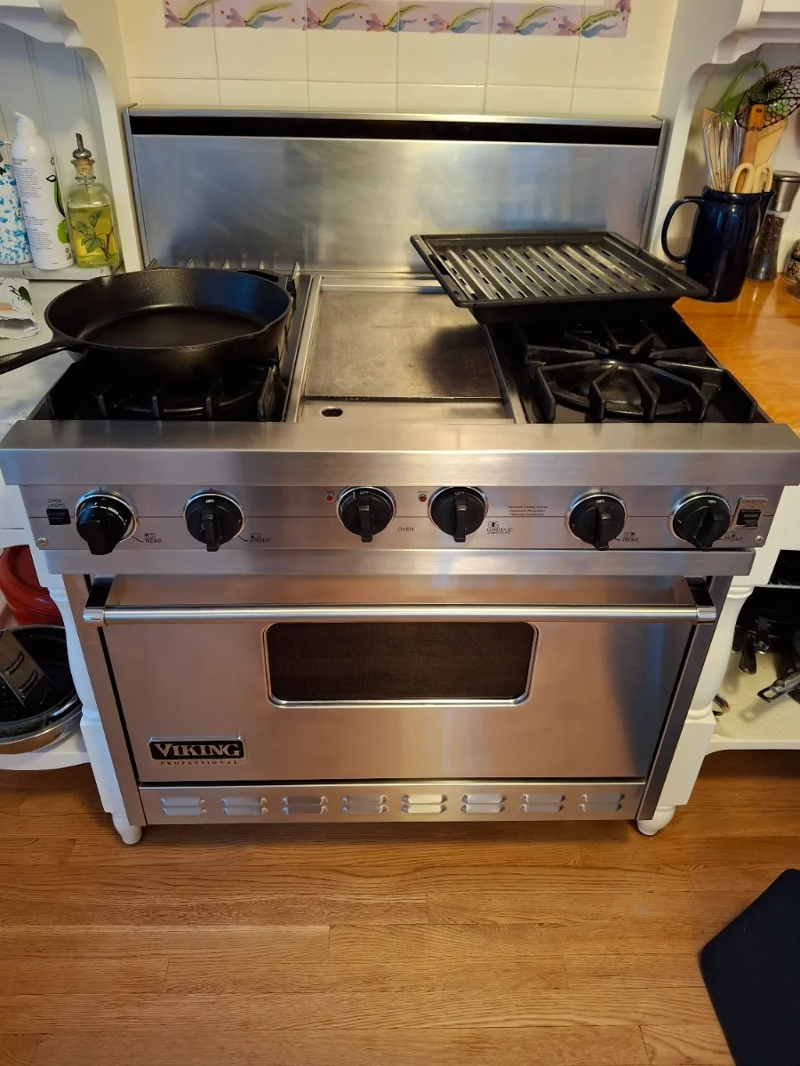 Viking gas range with a griddle and six burners