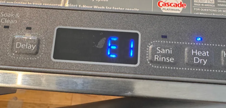 Whirlpool dishwasher display showing E1