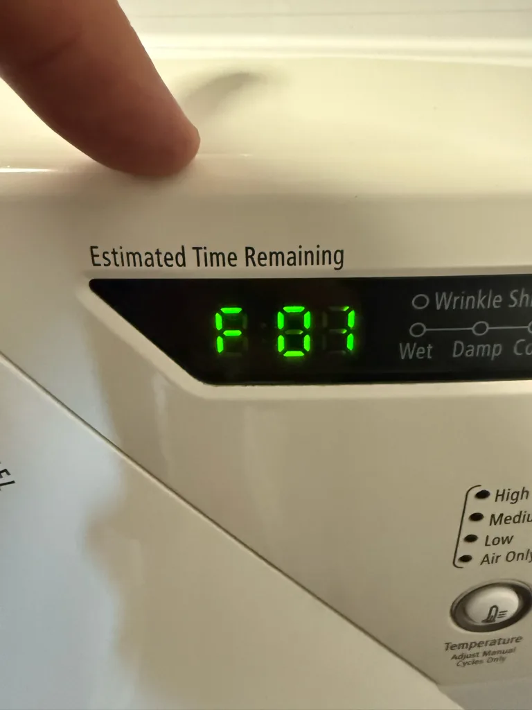 Whirlpool dryer display showing the F01 error code