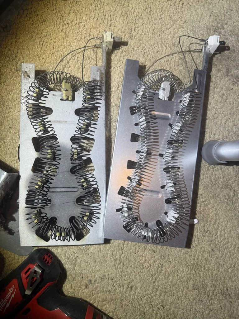 Old and new heating elements from a Whirlpool electric dryer