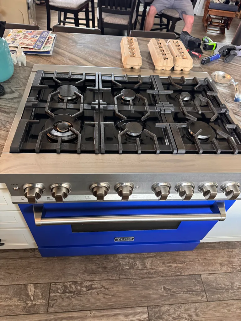 ZLINE gas range with a blue oven door in a Denver-area kitchen